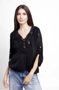 Bluza din matase naturala platca brodata, cu paiete fine si cu dantela pe spate, neagra imagine