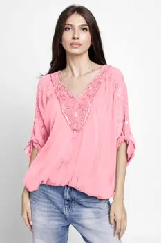 Bluza din matase naturala platca brodata, cu paiete fine si cu dantela pe spate, roz imagine