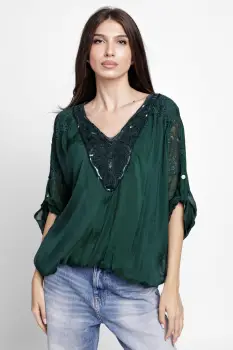 Bluza din matase naturala platca brodata, cu paiete fine si cu dantela pe spate, verde inchis imagine