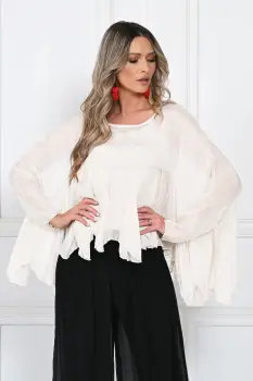 Bluza din matase naturala si vascoza cu volane tip cascada, croi lejer, alba imagine