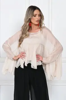 Bluza din matase naturala si vascoza cu volane tip cascada, croi lejer, bej imagine