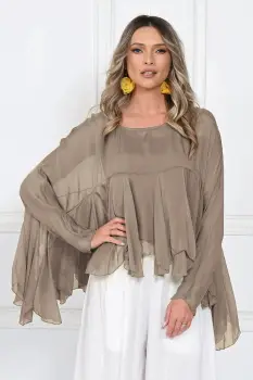 Bluza din matase naturala si vascoza cu volane tip cascada, croi lejer, bej inchis imagine