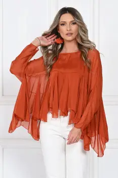 Bluza din matase naturala si vascoza cu volane tip cascada, croi lejer, caramizie imagine
