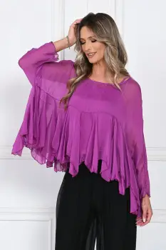 Bluza din matase naturala si vascoza cu volane tip cascada, croi lejer, magenta imagine