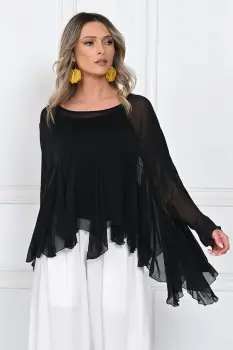Bluza din matase naturala si vascoza cu volane tip cascada, croi lejer, neagra imagine