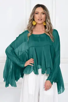 Bluza din matase naturala si vascoza cu volane tip cascada, croi lejer, turcoaz inchis imagine