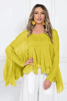 Bluza din matase naturala si vascoza cu volane tip cascada, croi lejer, verde lime imagine