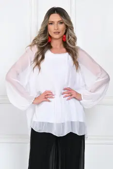 Bluza din matase naturala si vascoza, lejera cu guler intors si maneci bufante, alba imagine
