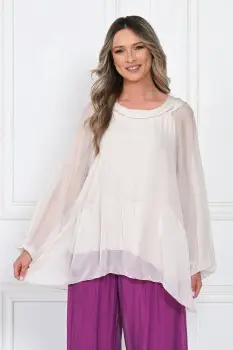 Bluza din matase naturala si vascoza, lejera cu guler intors si maneci bufante, bej imagine