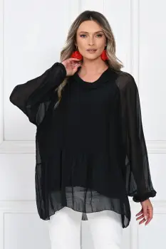 Bluza din matase naturala si vascoza, lejera cu guler intors si maneci bufante, neagra imagine