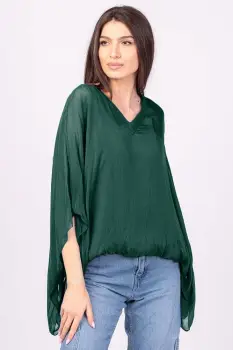 Bluza din matase naturala verde inchis, cu decolteu in V in fata si pe spate imagine