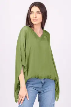 Bluza din matase naturala verde oliv, cu decolteu in V in fata si pe spate imagine