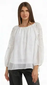 Bluza din matase si vascoza cu broderie sparta si maneci vaporoase, alba imagine