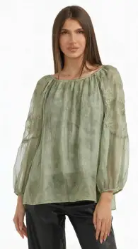 Bluza din matase si vascoza cu broderie sparta si maneci vaporoase, kaki imagine