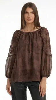 Bluza din matase si vascoza cu broderie sparta si maneci vaporoase, maro imagine