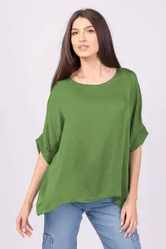 Bluza din matase si vascoza cu funda pe spate, verde oliv imagine