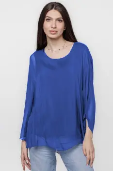 Bluza din matase si vascoza cu maneca clopot, albastru electric imagine