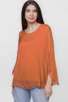 Bluza din matase si vascoza cu maneca clopot, caramizie imagine