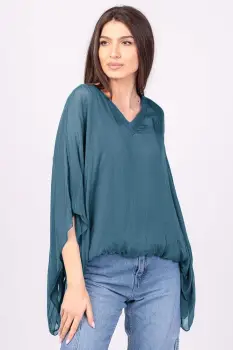 Bluza din matase si vascoza turcoaz inchis, cu decolteu in V in fata si pe spate imagine