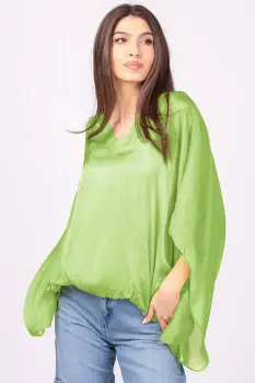 Bluza din matase si vascoza verde lime, cu decolteu in V in fata si pe spate imagine