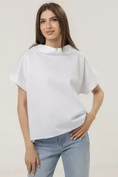 Bluza din poplin de bumbac cu guler intors si maneci scurte, alba imagine