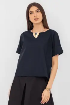 Bluza din poplin de bumbac  cu nasturi pe spate, bleumarin imagine