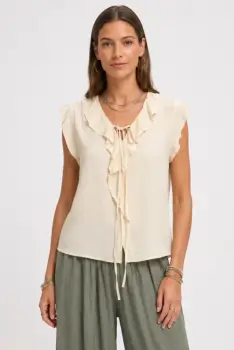 Bluza din vascoza cu volane si decolteu in V, bej imagine