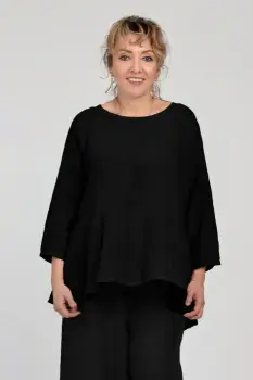 Bluza evazata cu clin la spate din in, neagra imagine