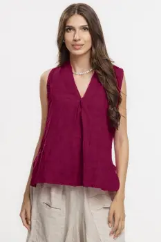 Bluza fara maneci din in cu decolteu si guler inalt, mov zmeura imagine