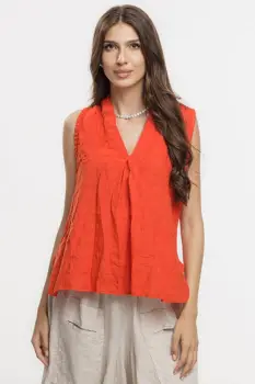 Bluza fara maneci din in cu decolteu si guler inalt, rosu tangerine imagine
