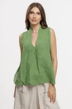 Bluza fara maneci din in cu decolteu si guler inalt, verde imagine