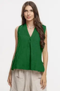 Bluza fara maneci din in cu decolteu si guler inalt, verde intens imagine