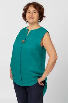 Bluza fara maneci din in cu nasture metalic decorativ, turcoaz imagine