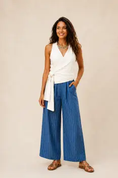 Bluza fara maneci din in, petrecuta, alba ivory imagine