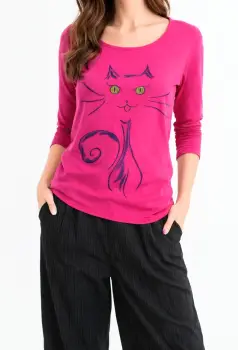 Bluza fuchsia din bumbac  pictata manual ,cu pisicuta stilizata imagine