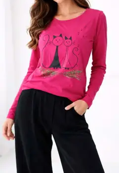 Bluza fuchsia din bumbac  pictata manual ,cu pisicute ,unicat imagine