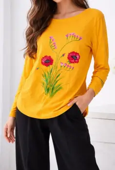 Bluza galbena din bumbac  pictata manual ,cu frezii si maci, unicat imagine