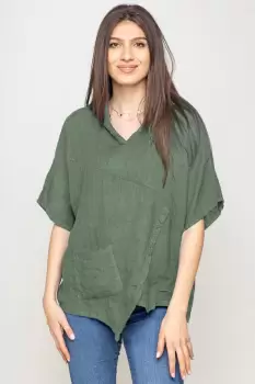 Bluza kaki asimetrica din in, cu gluga imagine