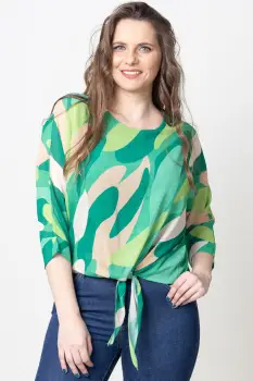 Bluza lejera cu imprimeu abstract verde si nod frontal imagine