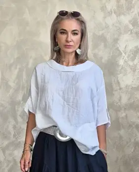 Bluza lejera de vara din in cu croi oversized si buzunare, alba imagine