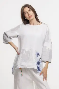 Bluza lejera din in alb cu imprimeu floral pictural imagine