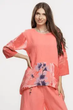 Bluza lejera din in corai cu imprimeu floral pictural imagine