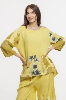 Bluza lejera din in galben cu imprimeu floral pictural imagine