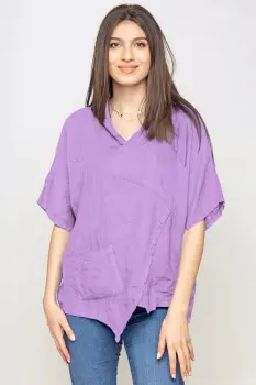 Bluza lila asimetrica din in, cu gluga imagine