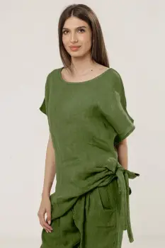 Bluza lunga din in colt si funda, verde oliv imagine