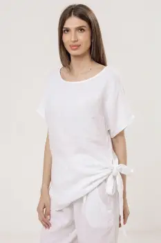 Bluza lunga din in cu colt si funda, alba imagine