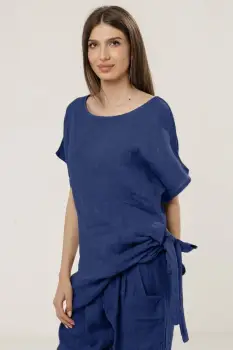 Bluza lunga din in cu colt si funda, albastru imagine
