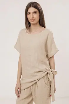 Bluza lunga din in cu colt si funda, bej imagine