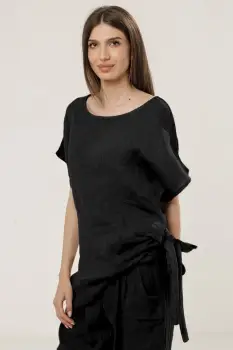 Bluza lunga din in cu colt si funda, neagra imagine