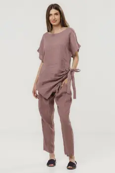 Bluza lunga din in cu colt si funda, roz prafuit inchis imagine